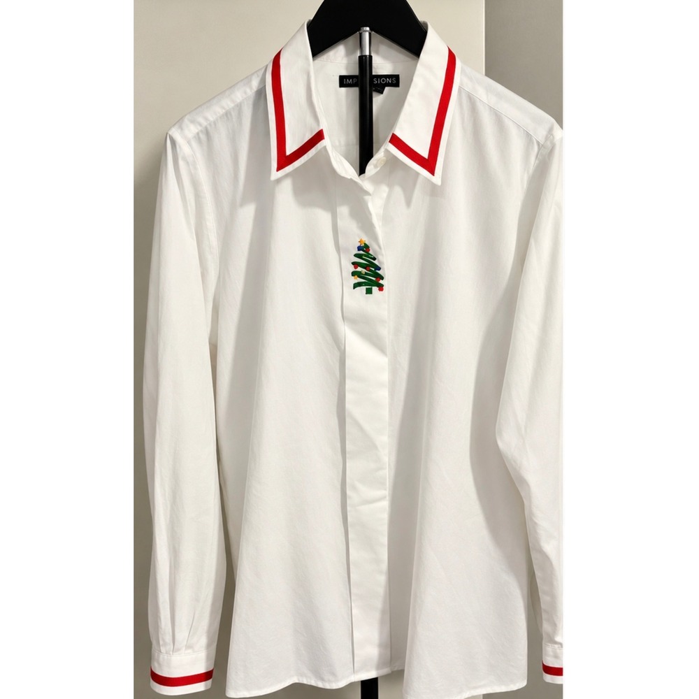 Impressions Christmas Tree Embroidered White Button Down Shirt Red Trim Size 18